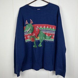 Holiday Time Men TRex Christmas Sweatshirt XXL 50 52 Navy Blue Ugly Sweater